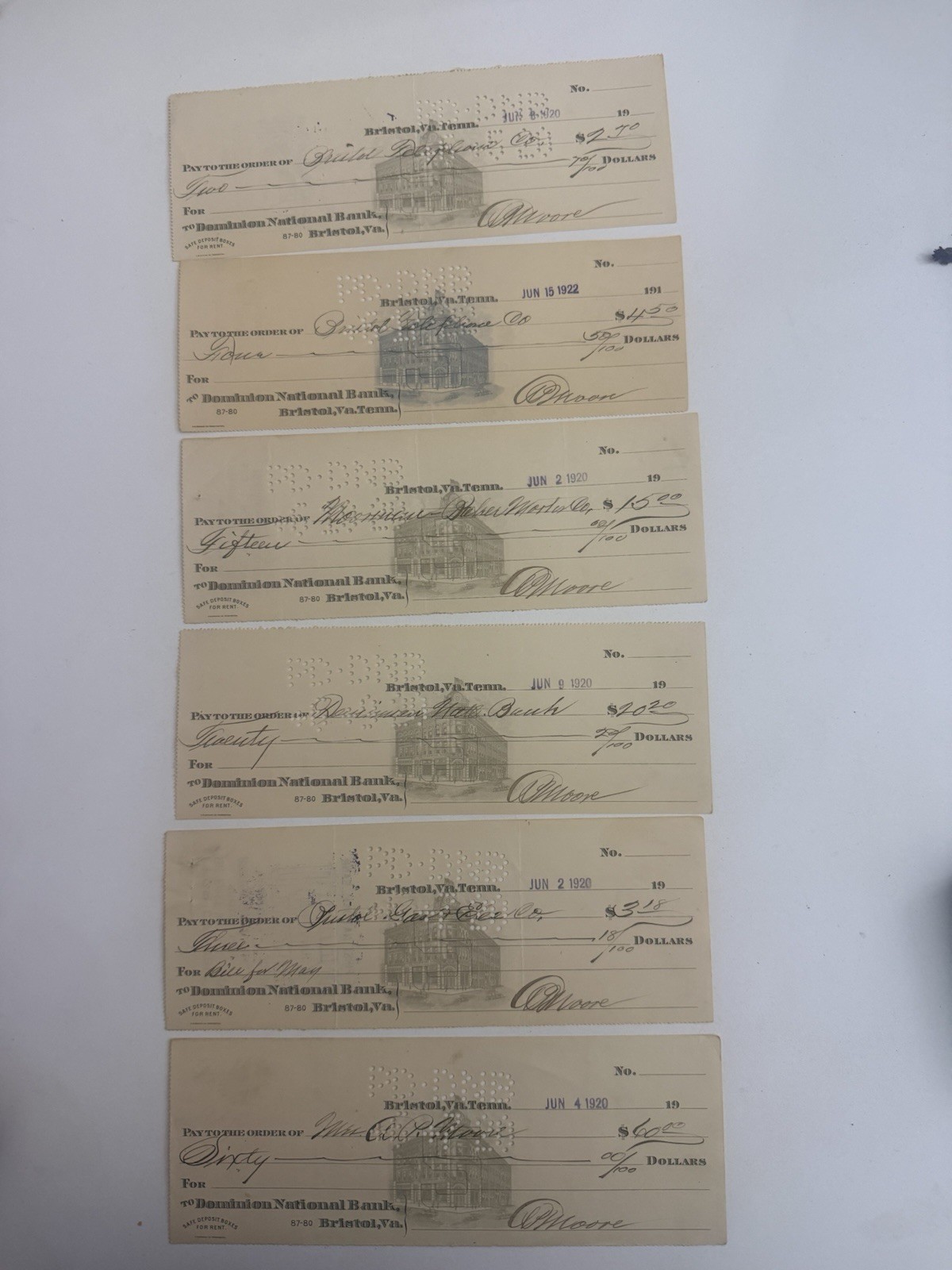 6 Antique 1920-1922 Dominion National Bank Bristol VA Cancelled Checks