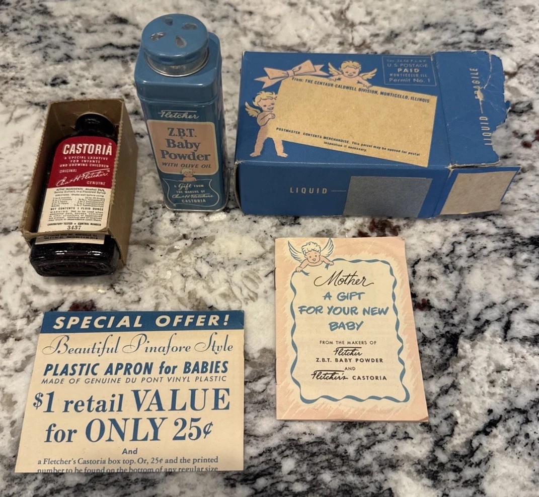 Vintage Fletcher Castoria ZBT Baby Powder Gift Set Original Box Advertising