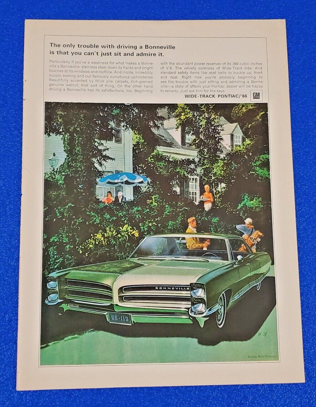1966 PONTIAC BONNEVILLE V8-389 - ORIGINAL COLOR PRINT AD SHIPS FREE (LOT GREEN)