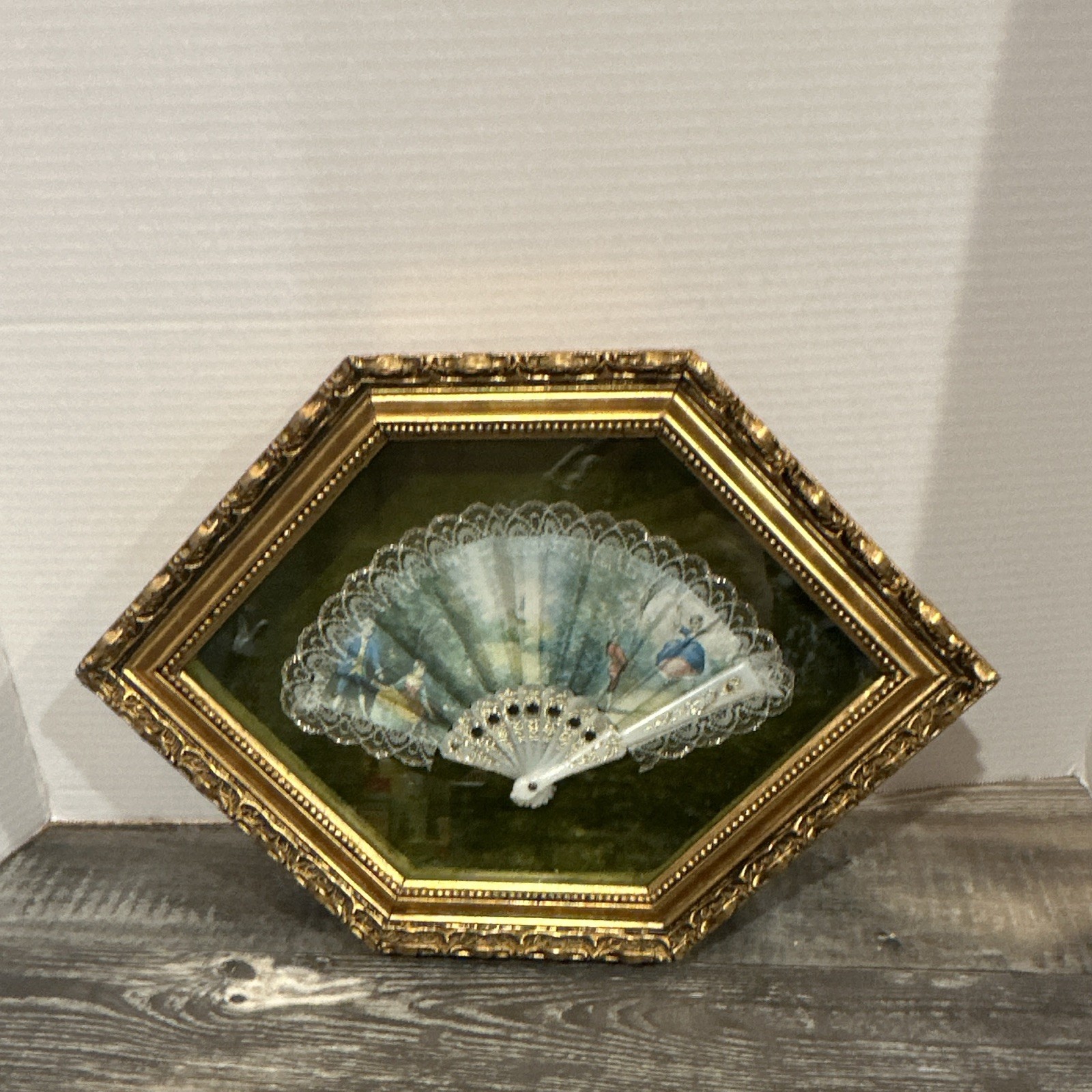 Vintage Framed Lace Hand Fan, Ornate Gilt Octagonal Shadow Box,Victorian Style Vintage Framed Lace Hand Fan, Ornate Gilt Octagonal Shadow Box,Victorian Style