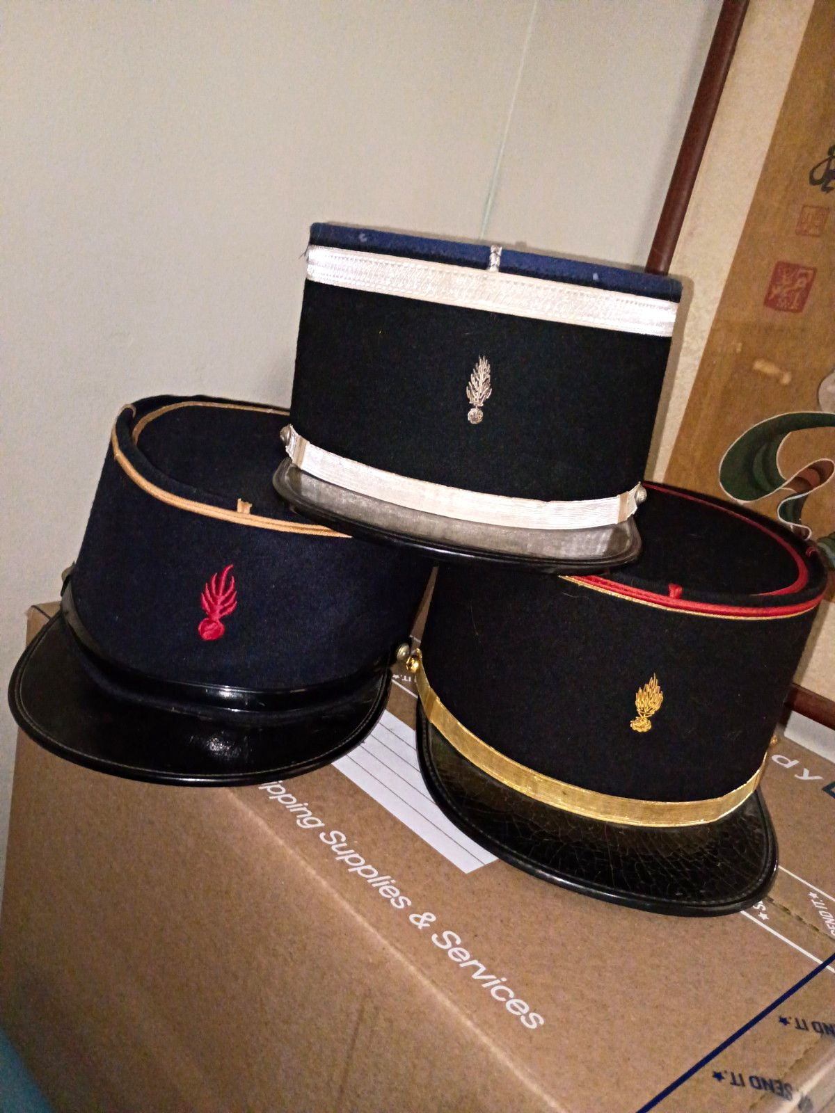 French Kepi-Style Uniform Caps Lot of 3 w/ Red Gold Silver Insignia French Kepi-Style Uniform Caps Lot of 3 w/ Red Gold Silver Insignia