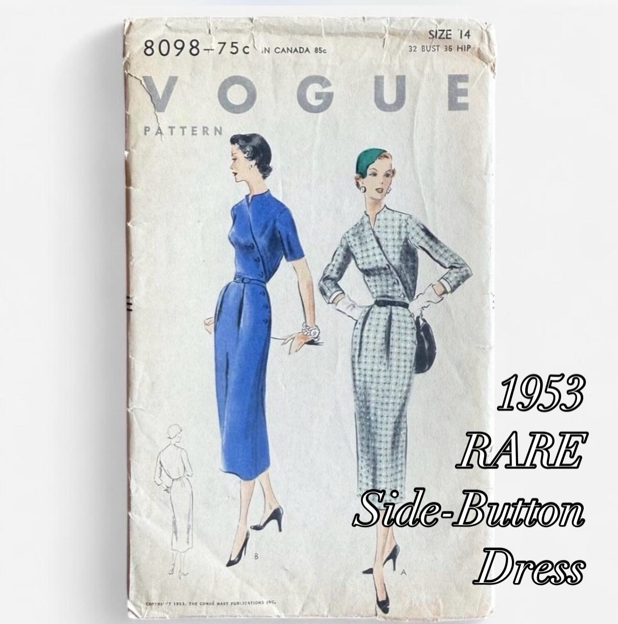 Vogue 8098 VTG 1953 FF Unprinted Pattern Sz 14 B32 Complete Rare Collector OOP