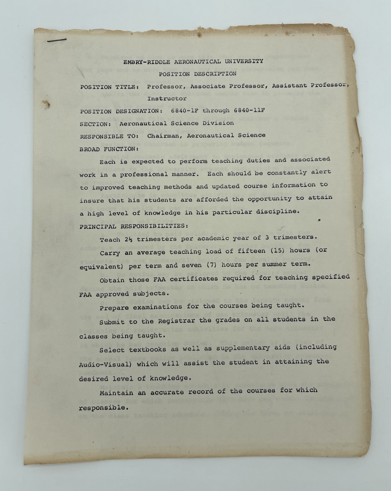 Vintage Embry Riddle Aeronautical University Faculty Position Aviation Document