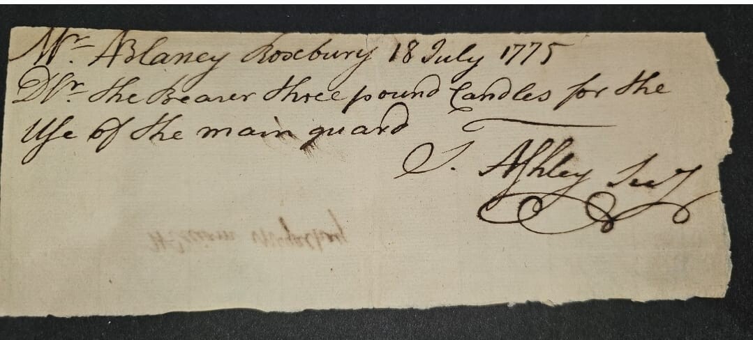 1775 Siege of Boston Candle Order Request Sgt. J. Ashley to Commissary A. Blaney