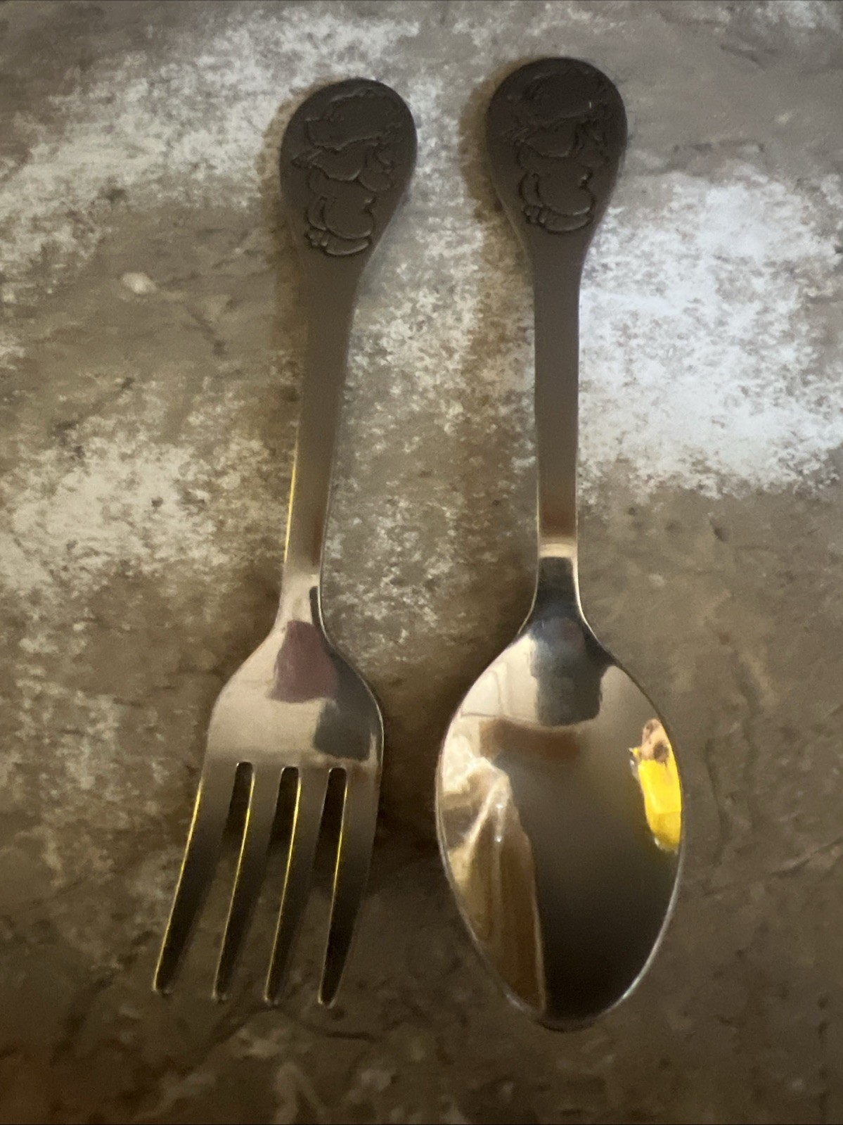 Vtg Tommee Tippee Child\'s Winnie the Pooh Bear Spoon and Fork Stainless Flatware Vtg Tommee Tippee Child\'s Winnie the Pooh Bear Spoon and Fork Stainless Flatware