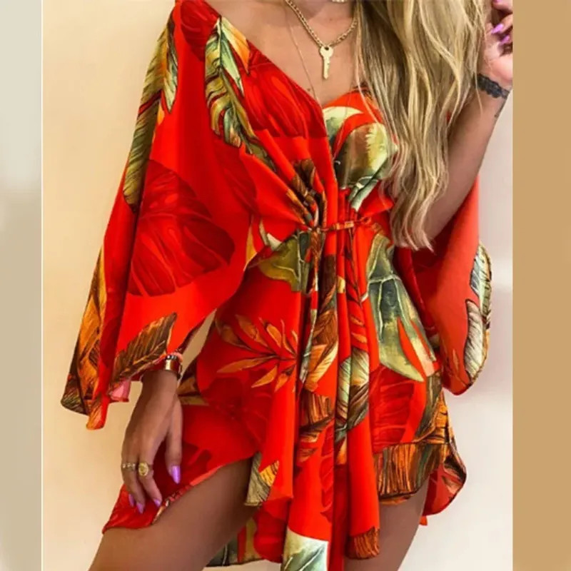 Women Boho V-Neck Bat Sleeve Ruffle Floral Beach Sundress Loose Summer Mini Women Boho V-Neck Bat Sleeve Ruffle Floral Beach Sundress Loose Summer Mini