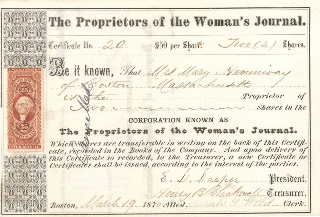 Proprietors of the Women's Journal Signed by Henry B. Blackwell - Stock Certific