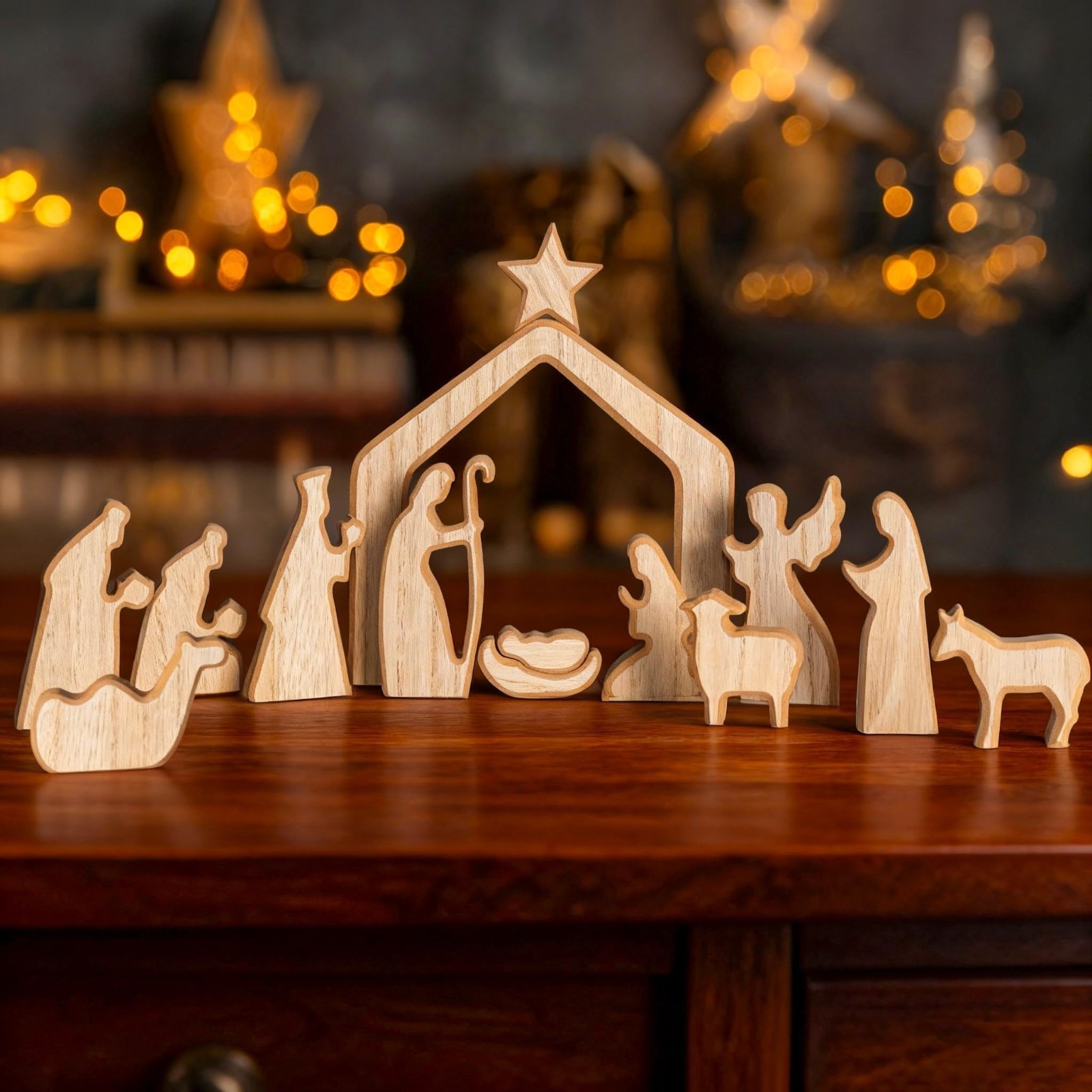 13-Piece Wooden Nativity Scene Set for Christmas Decor, Holiday Home Decoration