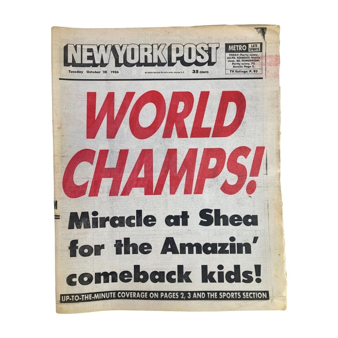 New York Post Newspaper Mets October 28 1986 Miracle at Shea for Comeback Kids