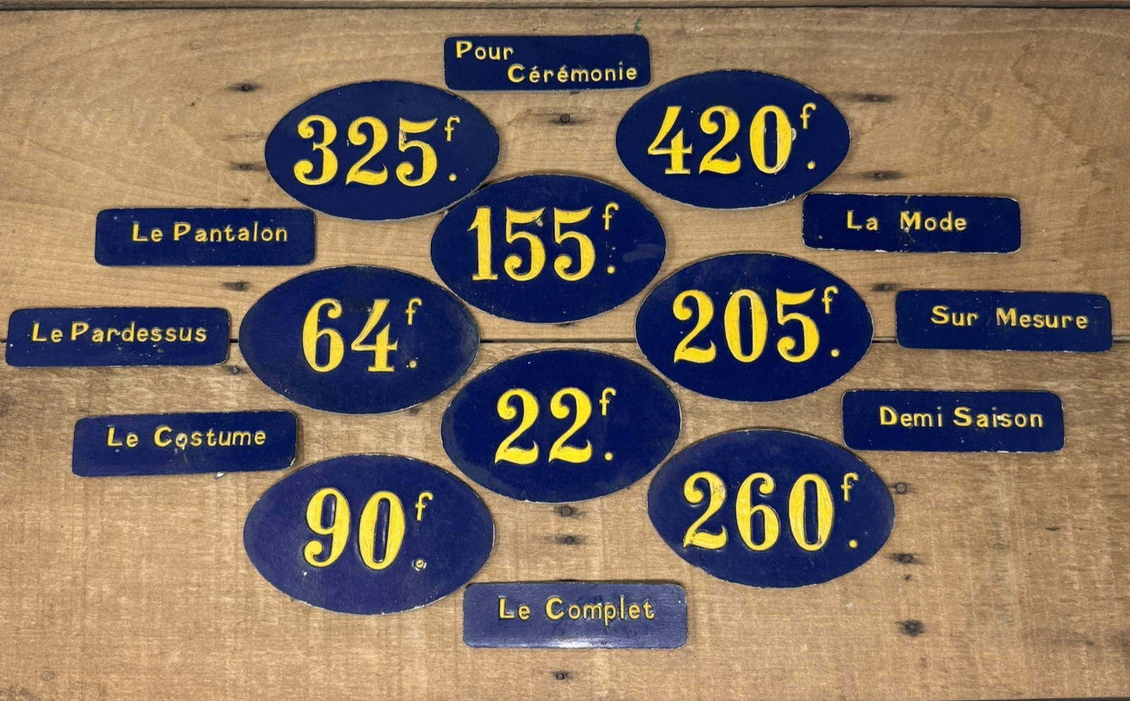 Vintage Lot French Price Tag Cards Store Display Embossed Plaques FRANCS