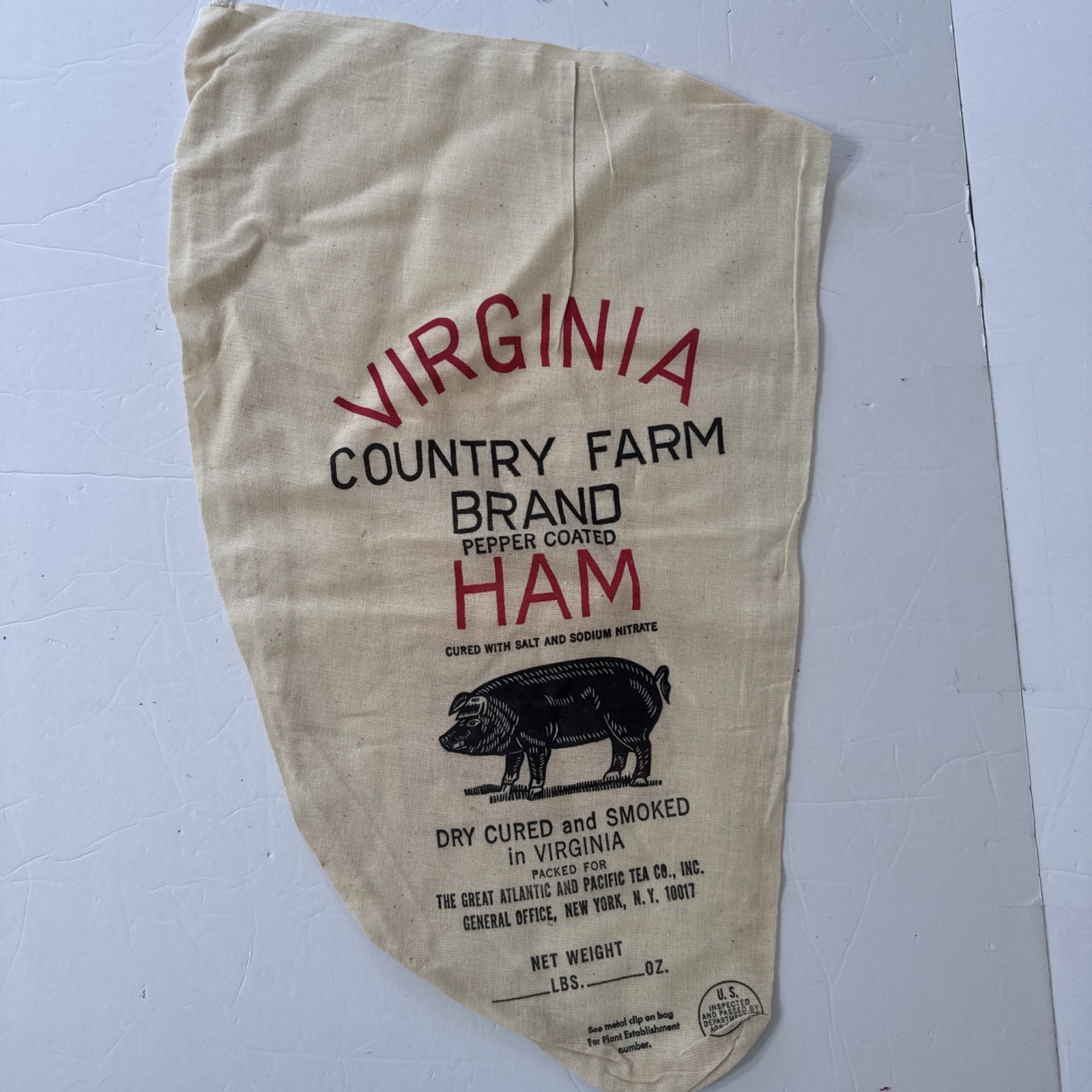Vintage Virginia Country Ham Muslin Sack Atlantic And Pacific Tea Co Unused NOS Vintage Virginia Country Ham Muslin Sack Atlantic And Pacific Tea Co Unused NOS