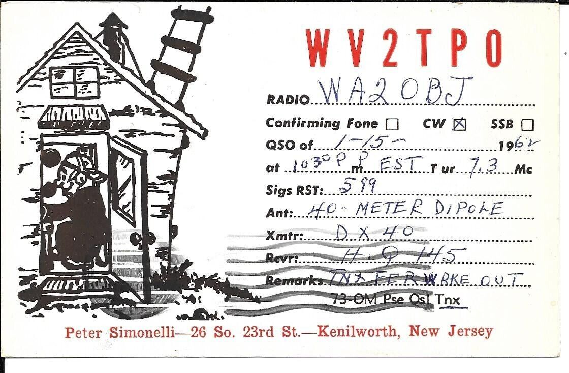 QSL  1962 Kenilworth New Jersey    radio card