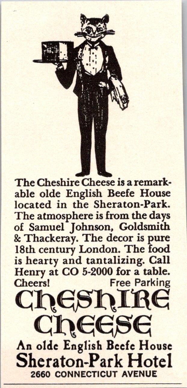 Cheshire Cheese Sheraton-Park Hotel Connecticut Av 1967 Washington DC Ad TAK4-M9 Cheshire Cheese Sheraton-Park Hotel Connecticut Av 1967 Washington DC Ad TAK4-M9