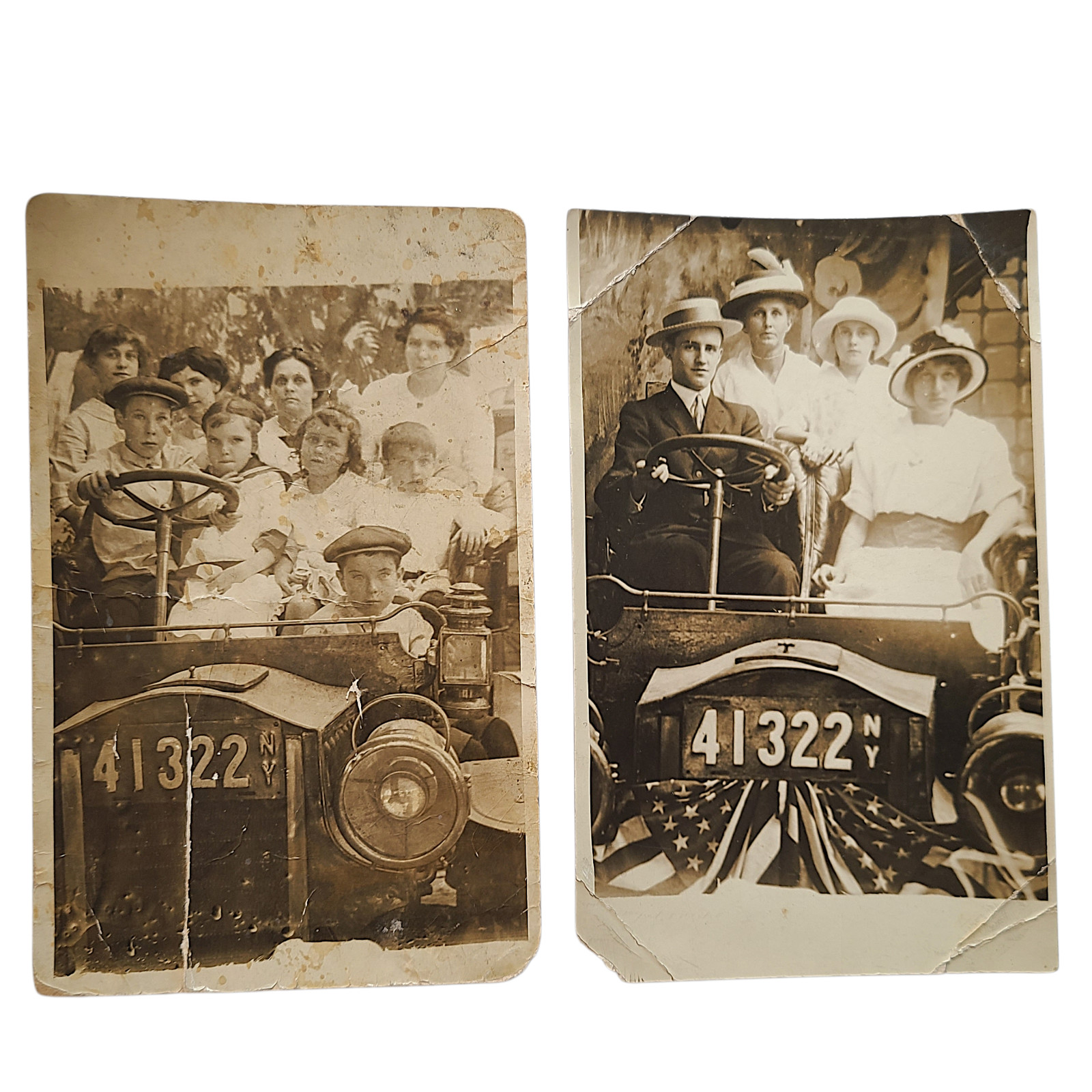 Lot 2 RPPC Studio Car w American Flag NY License Plate 1910 Children Real Photo Lot 2 RPPC Studio Car w American Flag NY License Plate 1910 Children Real Photo