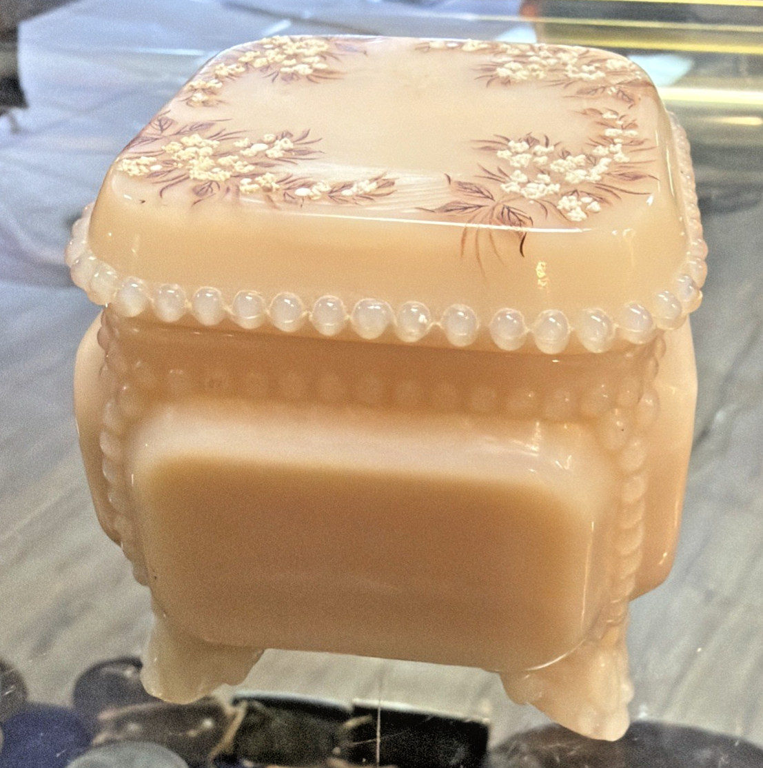 VTG Westmoreland Almond Glass Trinket Box Hand Painted Beaded Footed Box VTG Westmoreland Almond Glass Trinket Box Hand Painted Beaded Footed Box