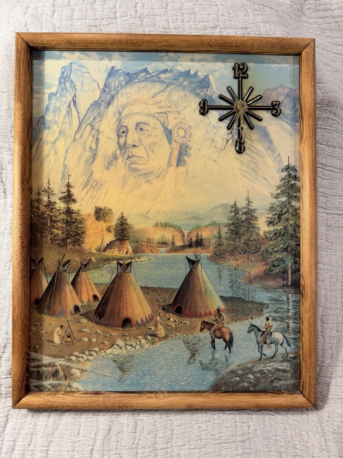 Native American Teepee River Scene vintage Framed  picture wall clock 