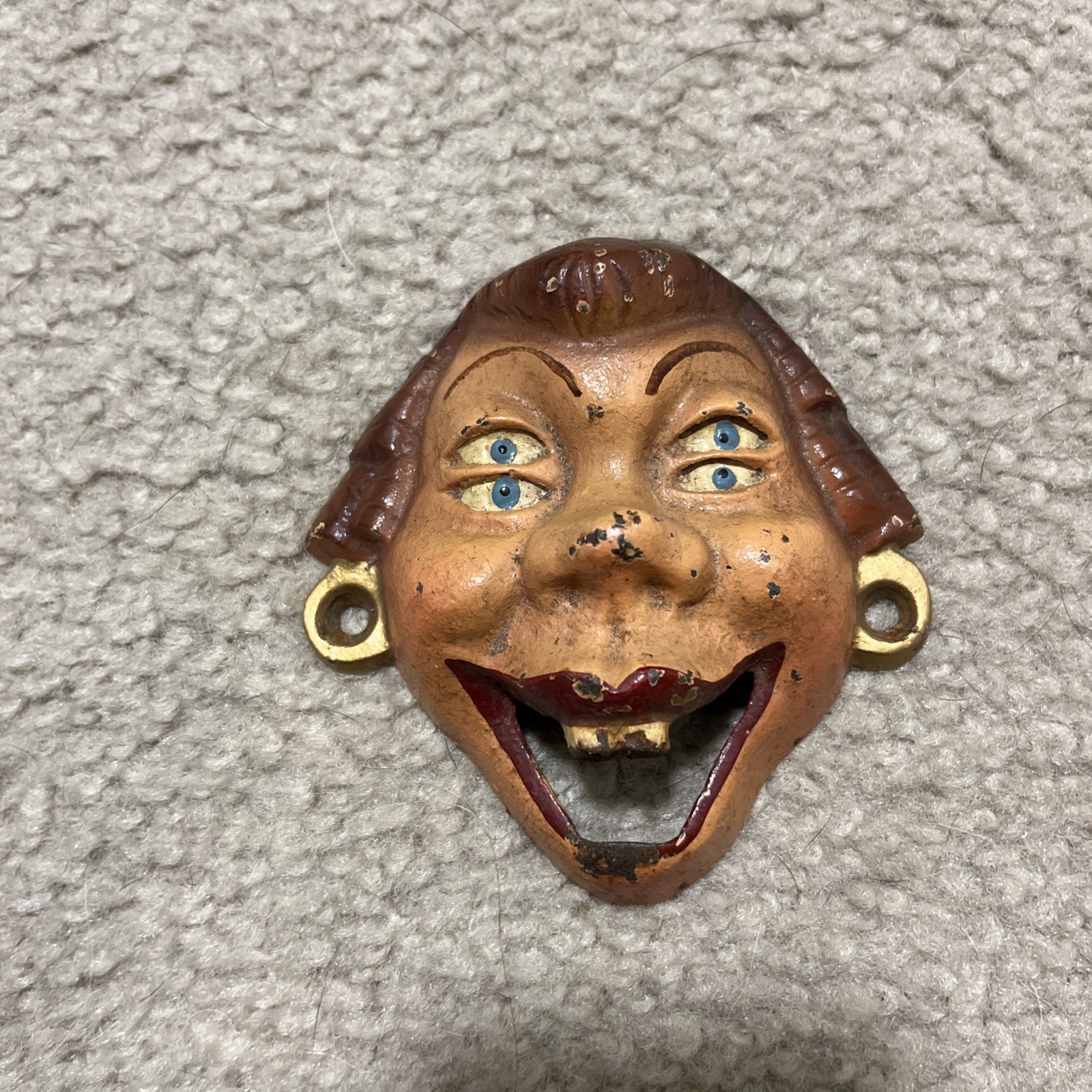 WILTON Vtg. Cast Iron 4 Eyed Red Hair Woman Buck Teeth Bottle Opener Wall Mount WILTON Vtg. Cast Iron 4 Eyed Red Hair Woman Buck Teeth Bottle Opener Wall Mount