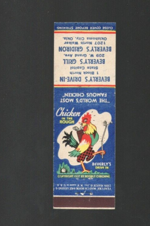 1950s Beverly\'s Drive-In Grill Gridiron Chicken Oklahoma City OK Matchbook Cover 1950s Beverly\'s Drive-In Grill Gridiron Chicken Oklahoma City OK Matchbook Cover