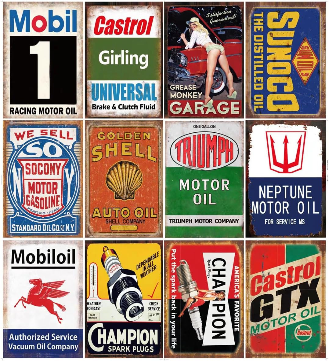 12 Pieces Gas and Oil Tin Signs, Retro Vintage Metal Sign for Home Man Cave Gara 12 Pieces Gas and Oil Tin Signs, Retro Vintage Metal Sign for Home Man Cave Gara