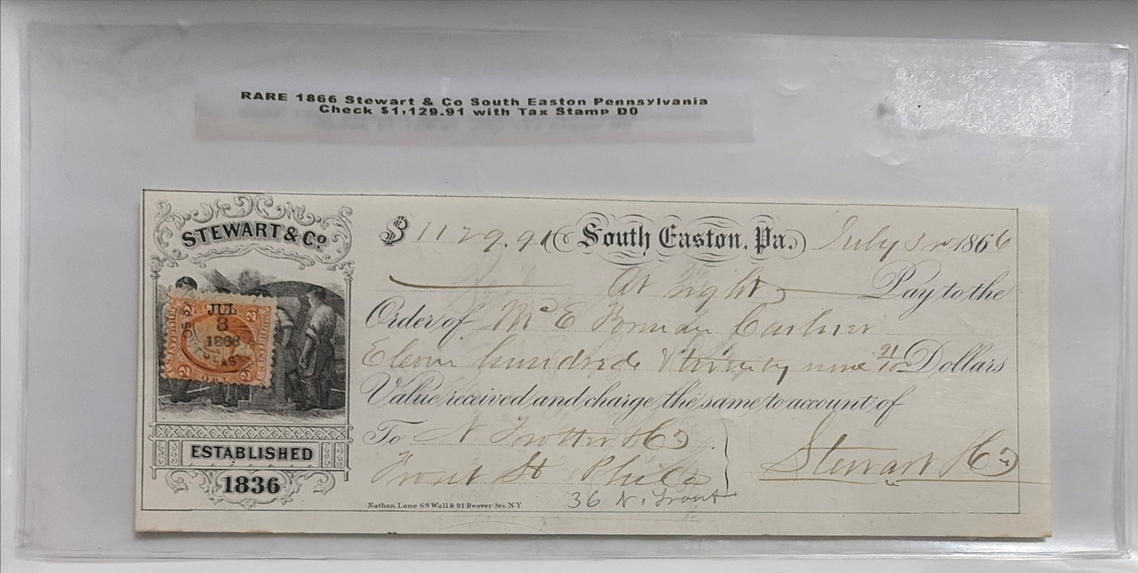 RARE 1866 Stewart & Co South Easton Pennsylvania Check ($1129.91) with Tax Stamp