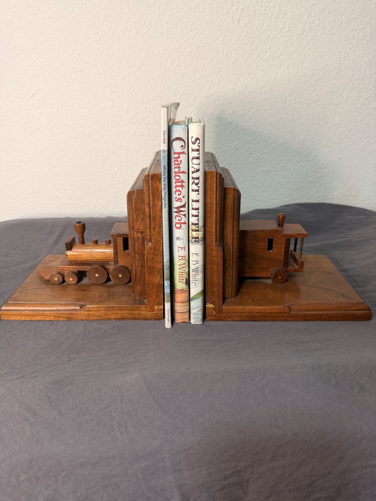 Vintage Handcrafted Wood Train Bookends Folk Art Locomotive Caboose Tunnel Vintage Handcrafted Wood Train Bookends Folk Art Locomotive Caboose Tunnel