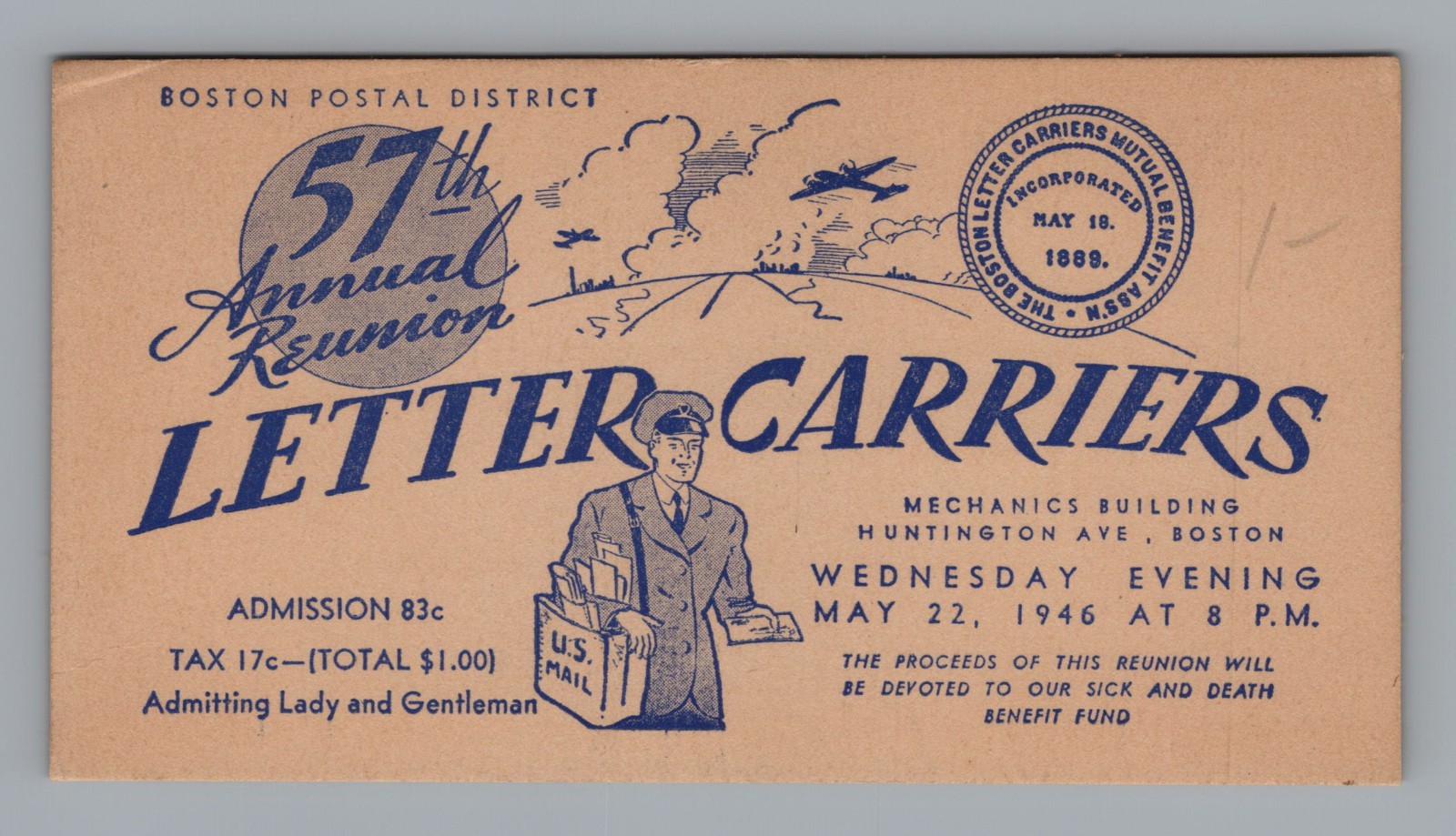 1946 Boston Letter Carriers Mutual Benefit Assoc Reunion Ticket Mechanics Bldg 1946 Boston Letter Carriers Mutual Benefit Assoc Reunion Ticket Mechanics Bldg