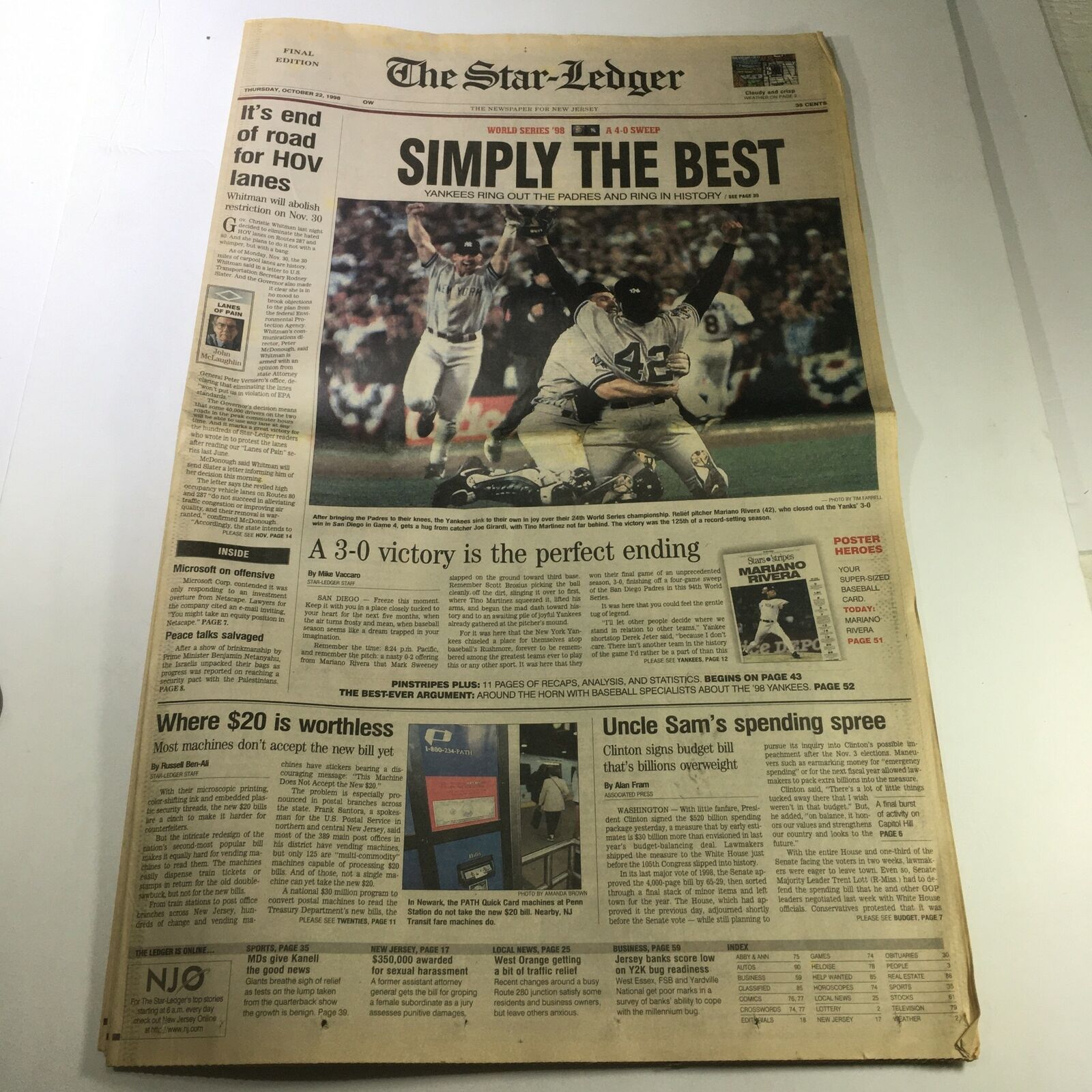 VTG The Star-Ledger Newspaper October 22 1998 - Joe Girardi / Tino Martinez