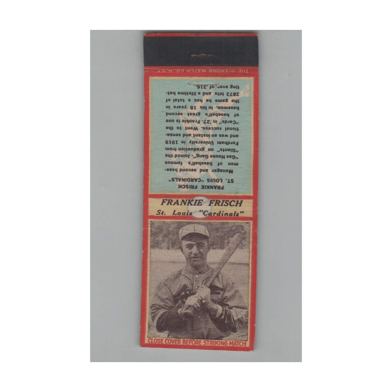 Matchbook Cover Frankie Frisch St. Louis Cardinals 1930s Baseball Hall Of Fame Matchbook Cover Frankie Frisch St. Louis Cardinals 1930s Baseball Hall Of Fame
