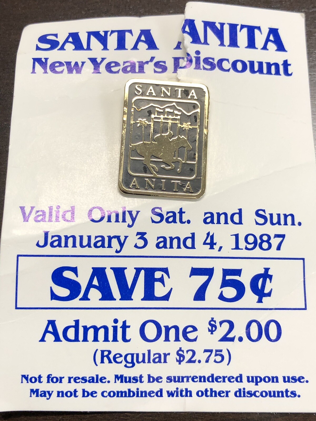 One 1987 Santa Anita Lapel Pin in Brand New Condition One 1987 Santa Anita Lapel Pin in Brand New Condition