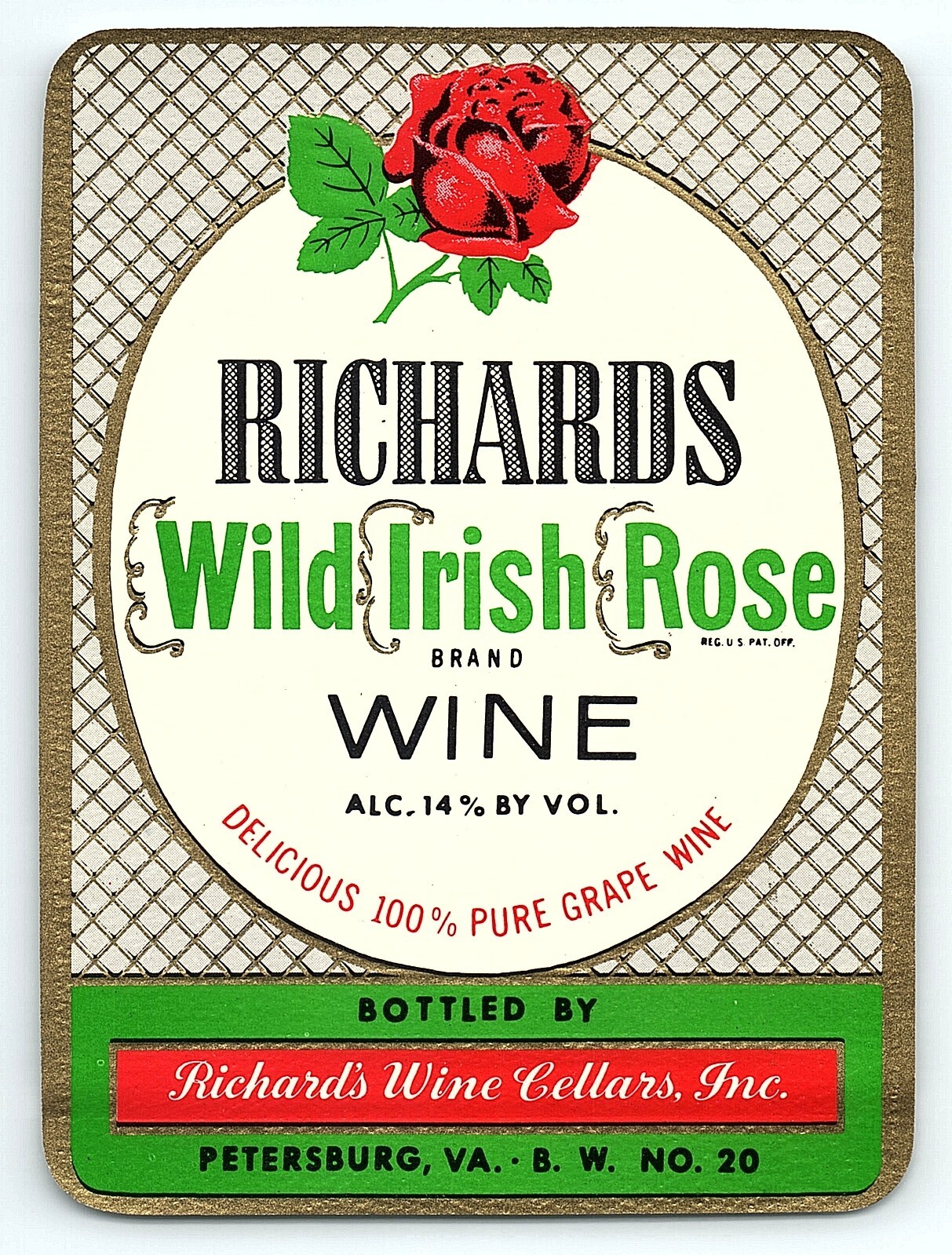VINTAGE RICHARDS WILD IRISH ROSE BRAND WINE PETERSBURG VA UNUSED LABEL Z6999 VINTAGE RICHARDS WILD IRISH ROSE BRAND WINE PETERSBURG VA UNUSED LABEL Z6999