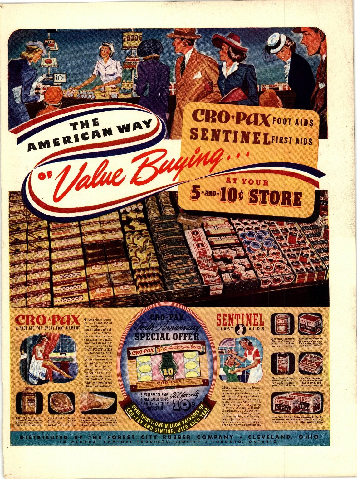 CRO-PAX SENTINEL 1930s Magazine Ad 5 & 10 Cent Store Foot Aids First AD143