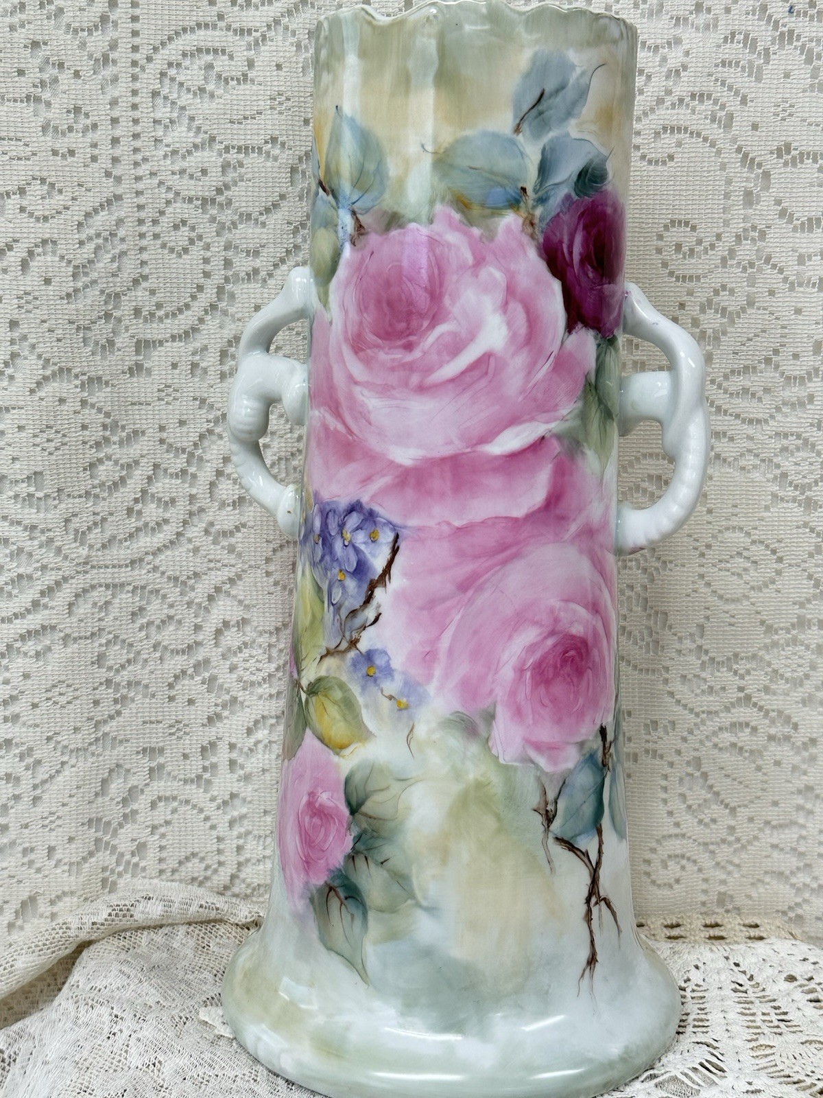 Hand-painted Porcelain Handled Vase multiple Pink Roses Purple Violets 13in Hand-painted Porcelain Handled Vase multiple Pink Roses Purple Violets 13in
