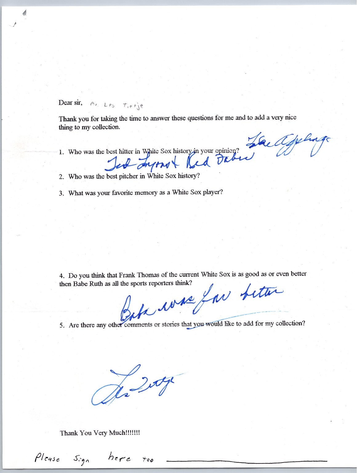 Les Tietje Autographed Letter Baseball White Sox Hitter