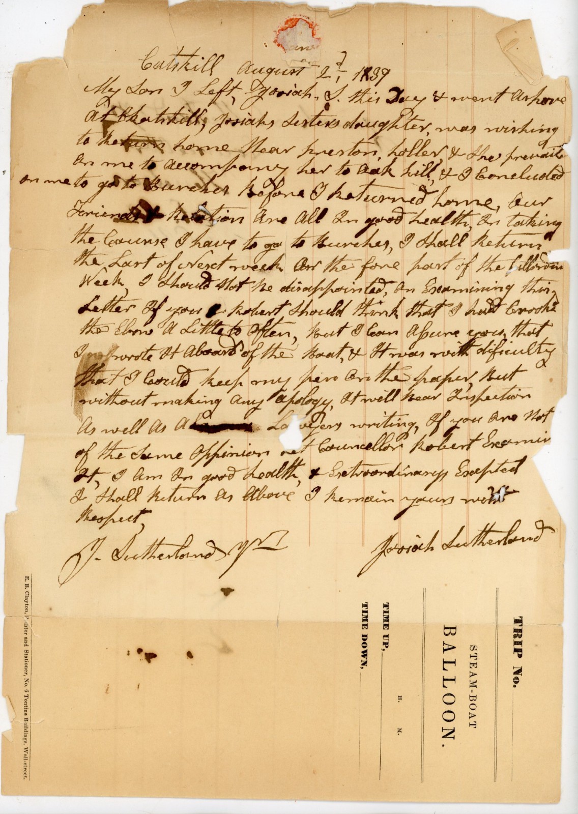 1839 Steamboat BALLOON Hudson River Letter 2 US Congressman Josiah Sutherland NY