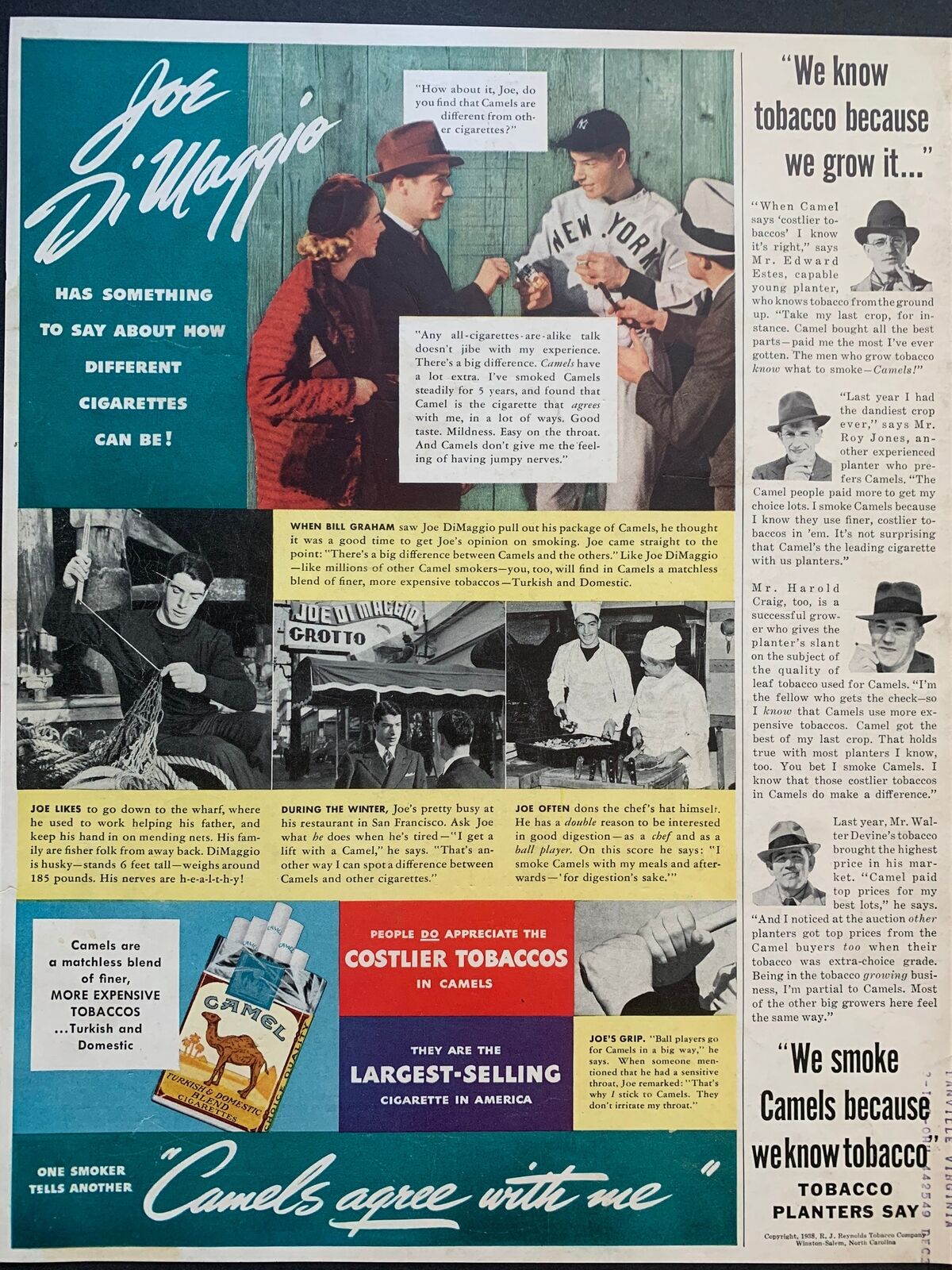 Rare Vintage 1938 Joe DiMaggio New York Yankees Camel Cigarettes Print Ad