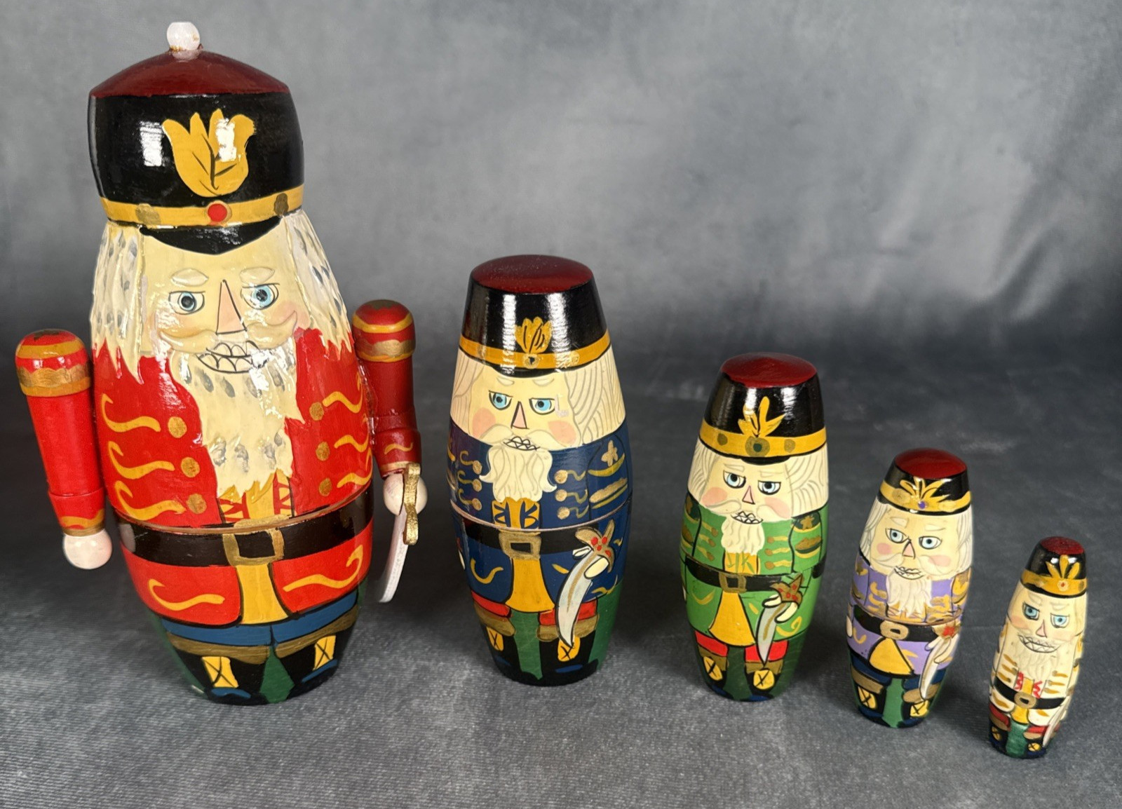 Vintage 1993 Lillian Vernon Nesting Nutcracker Soldiers 5 Pc Wooden Set Box Vintage 1993 Lillian Vernon Nesting Nutcracker Soldiers 5 Pc Wooden Set Box
