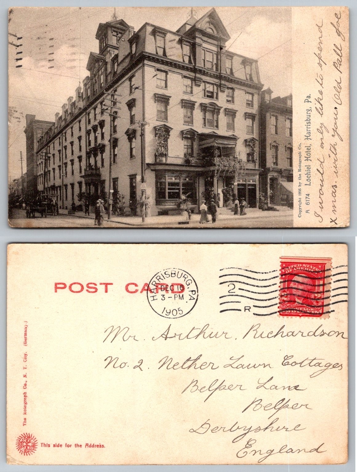 1905 Lochiel Hotel Harrisburg PA Postcard Rotograph Co. Postmarked England 1905 Lochiel Hotel Harrisburg PA Postcard Rotograph Co. Postmarked England