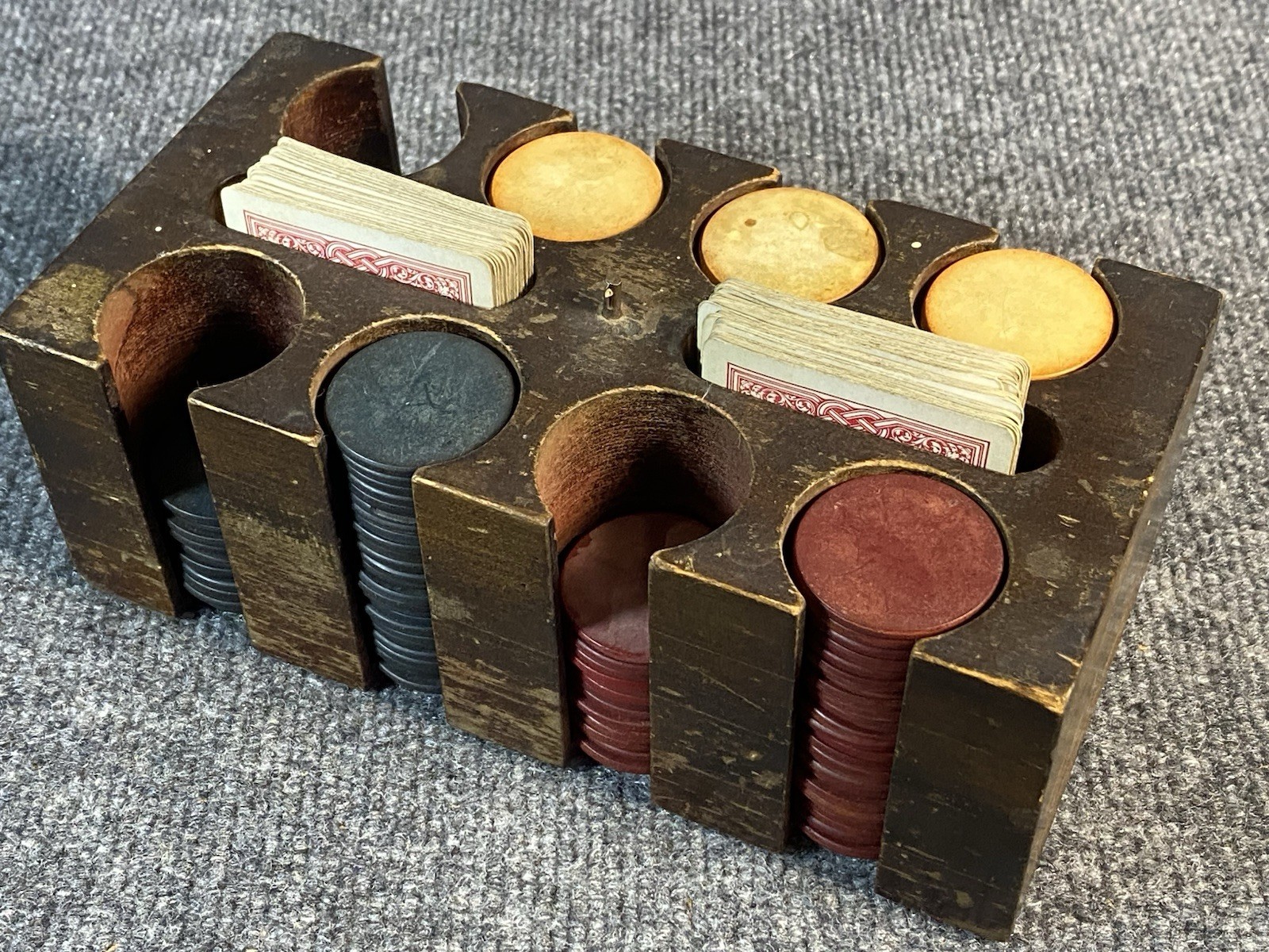 Vintage 1930s–40s Wooden Poker Chip Rack w/ 161 Bakelite-Era Chips & Cards