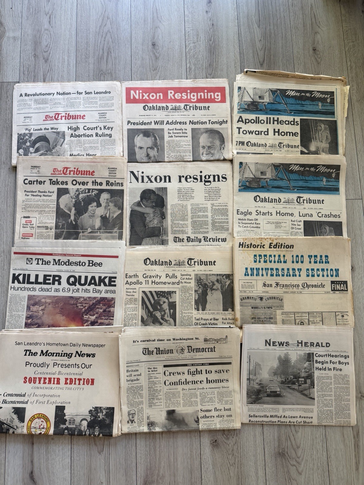 Lot of 12 Vintage Historic Newspapers Apollo 11 Nixon Resigns Quake 1965-1990