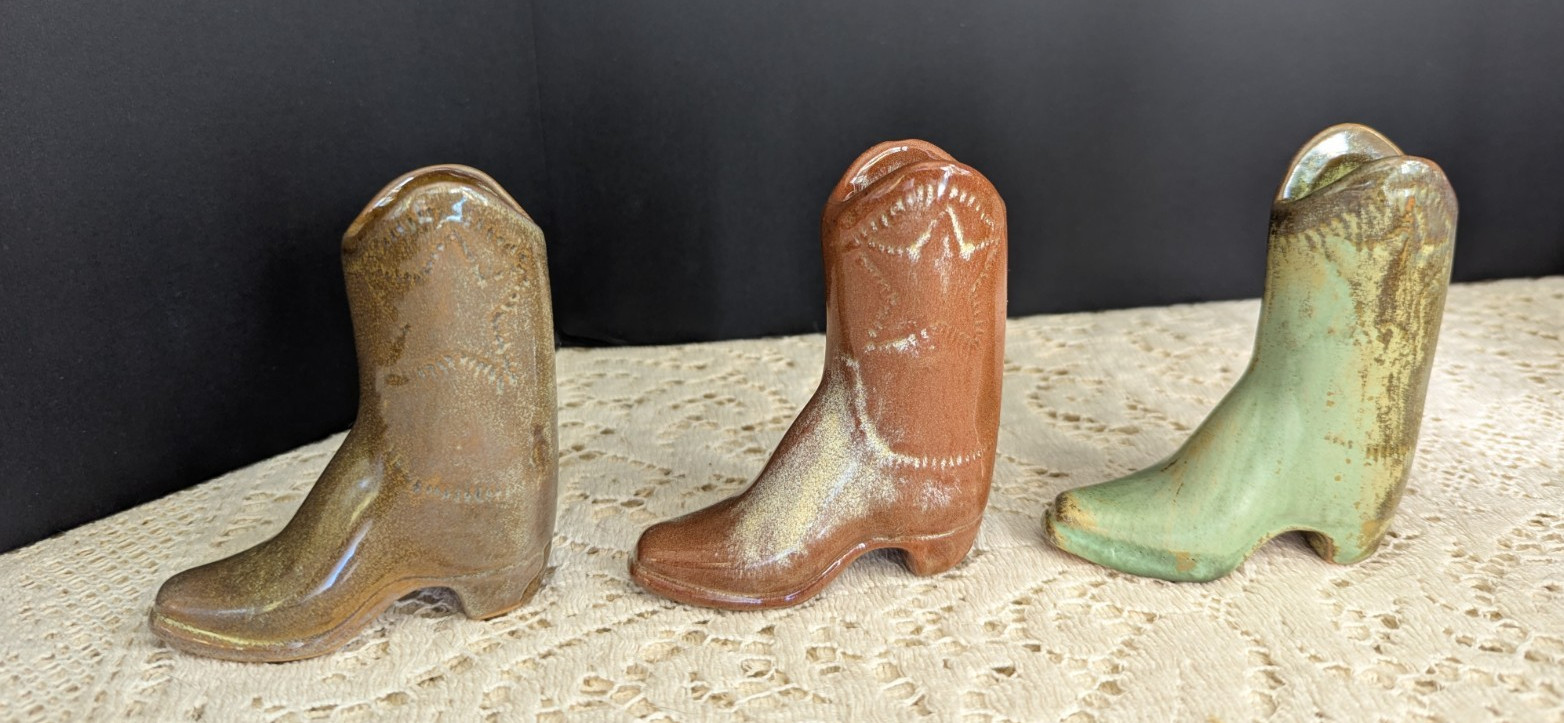 3 Frankoma pottery Miniature Star Cowboy Boots  Prairie Green & Desert Gold Mini