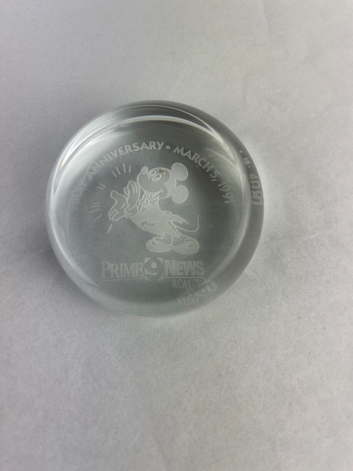 Disney Mickey Glass Paperweight KCALTV Prime News First Anniversary March 5 1991