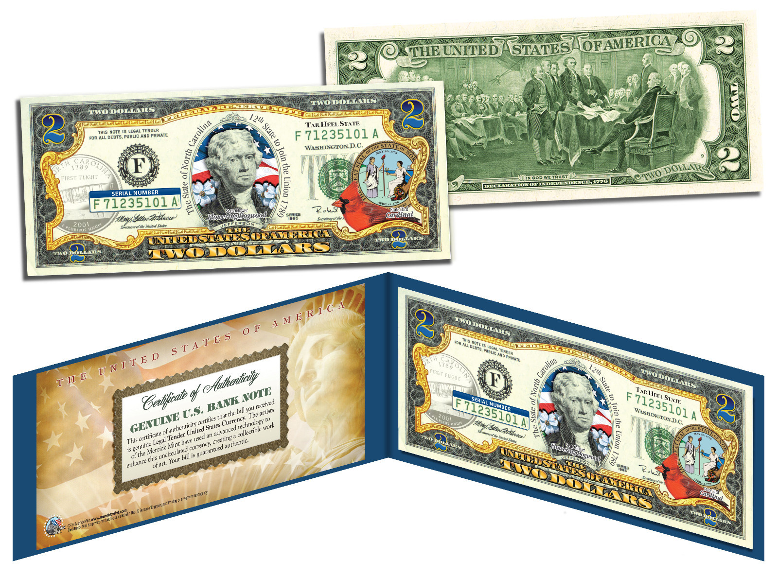 NORTH CAROLINA Statehood $2 Two-Dollar Colorized US Bill NC State *Legal Tender* NORTH CAROLINA Statehood $2 Two-Dollar Colorized US Bill NC State *Legal Tender*