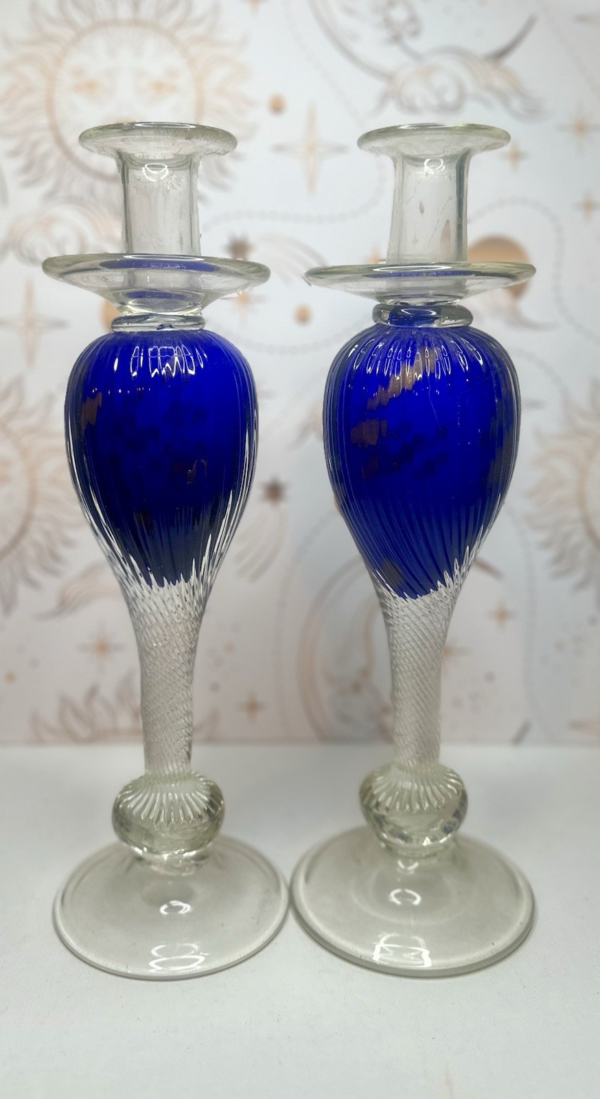 Pair Vincenzo Nason Murano Clear Glass Blue Gold Adventurine Candle Holder 14