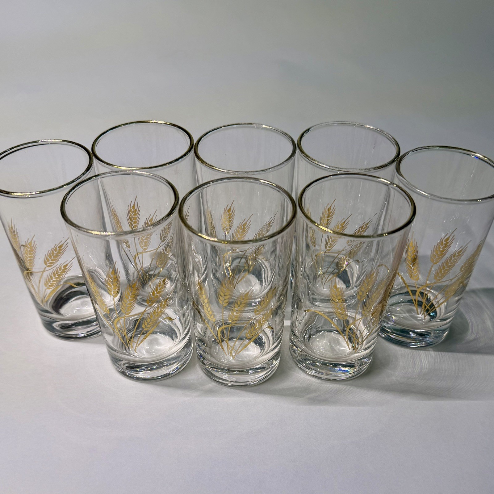 Set of 8 Vintage Homer Laughlin Juice Glasses Golden Wheat 22K Gold Trim 4 oz Set of 8 Vintage Homer Laughlin Juice Glasses Golden Wheat 22K Gold Trim 4 oz