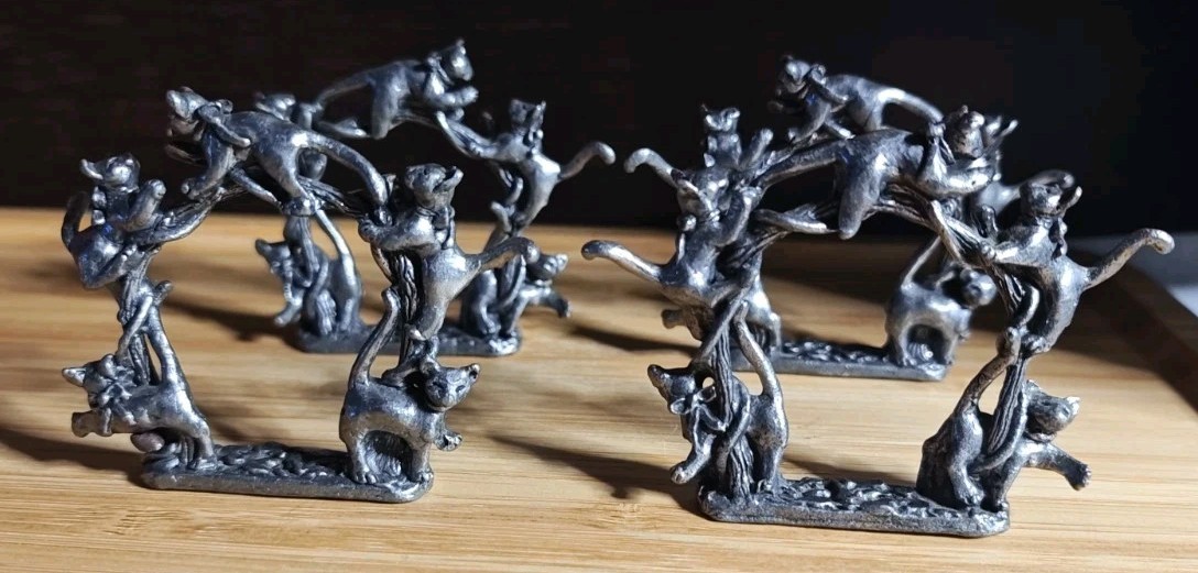 4 Vintage Pewter Cat Wanda Scuby Napkin Holders Signed