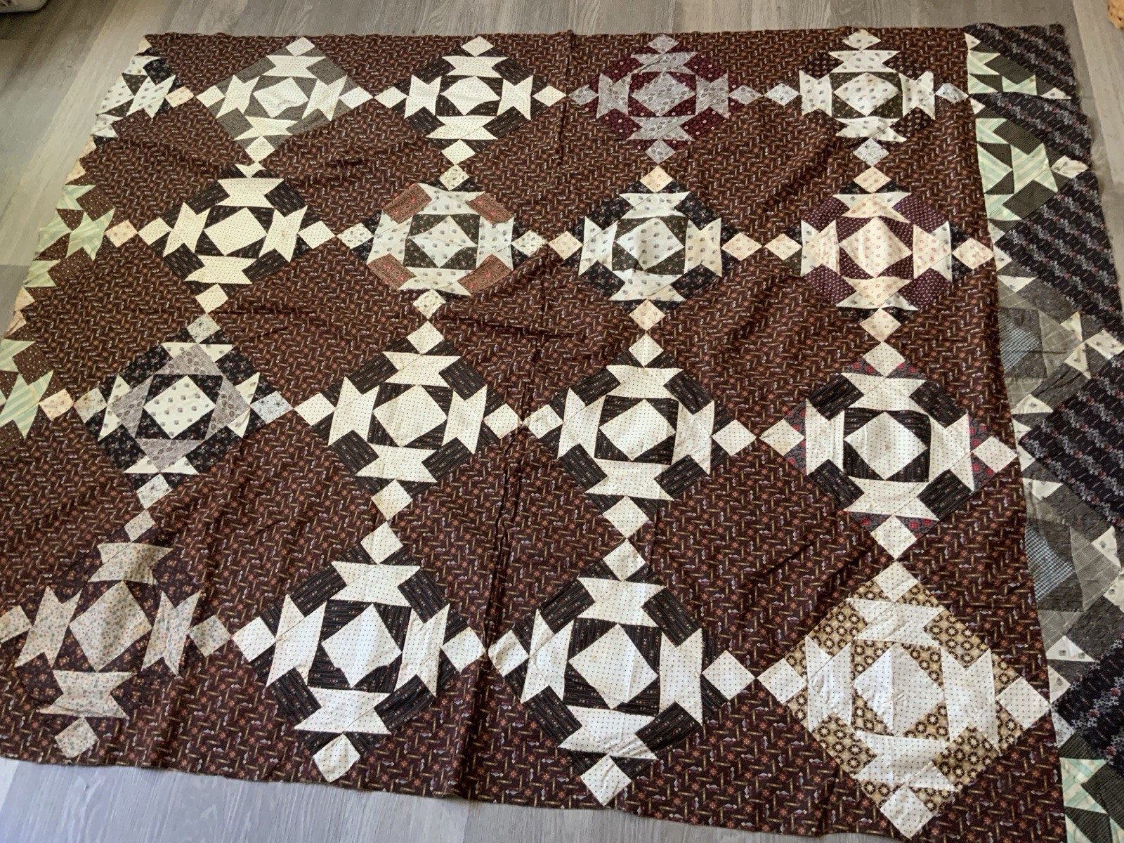 Antique Patchwork Quilt Top, Late 1800’s, Squares, Triangles, Early Brown Calico