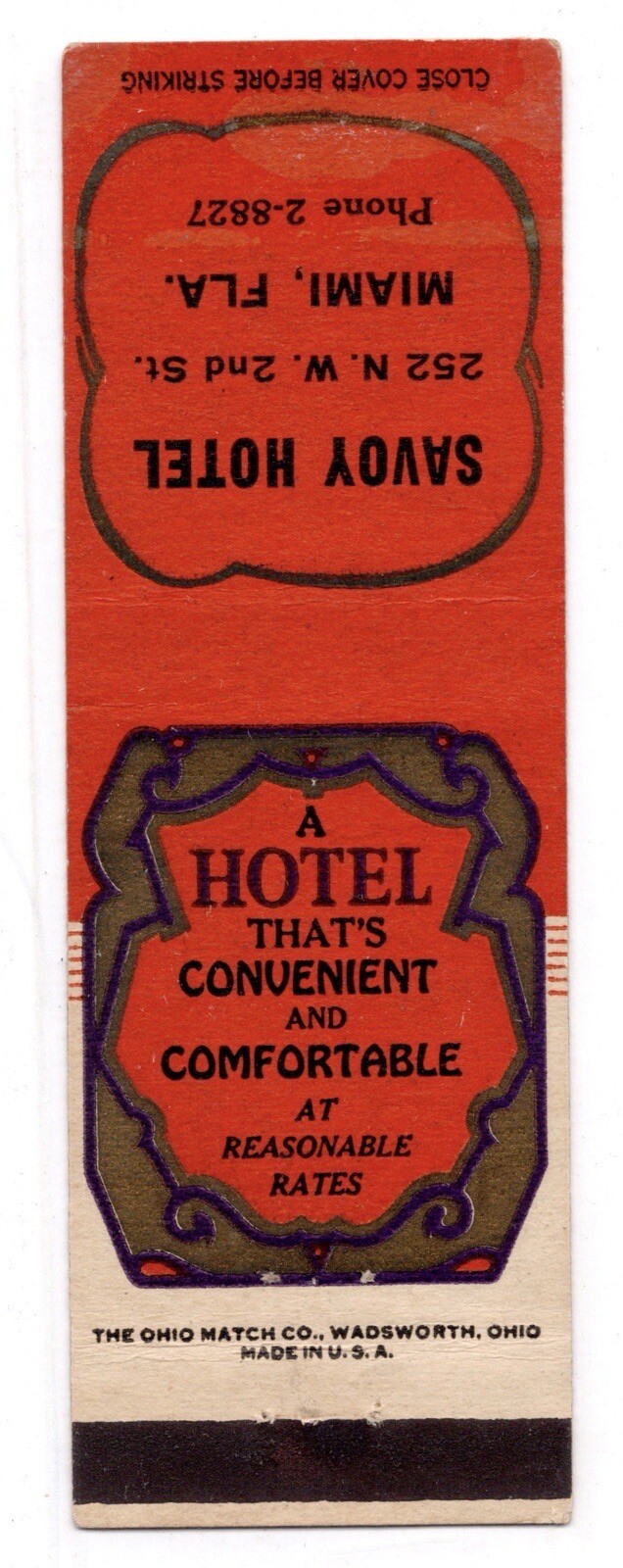 c1940s Savoy Hotel NW 2nd Street Miami Florida FL Vintage Matchbook Cover