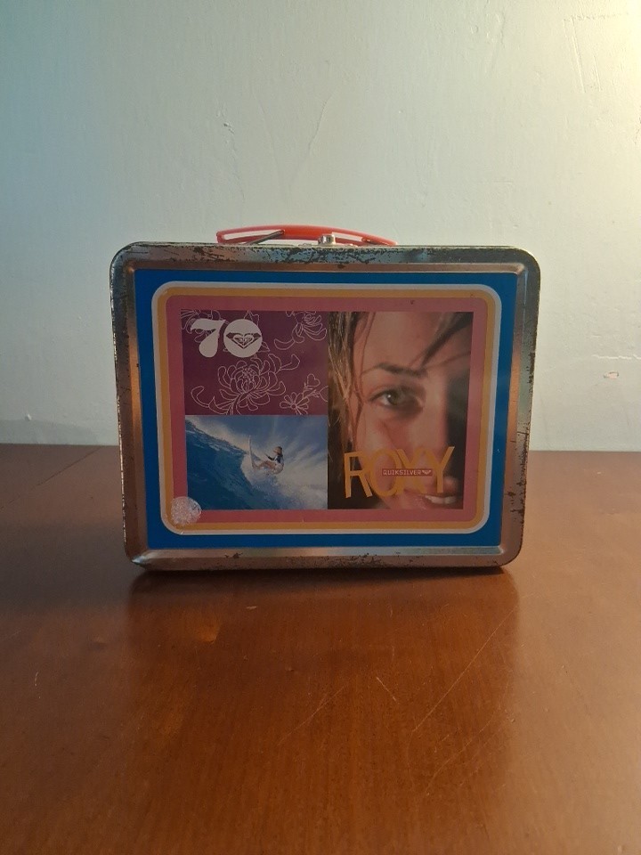 Vintage RARE Roxy Quiksilver Metal Lunchbox Tin With Lid 7.5×6×3