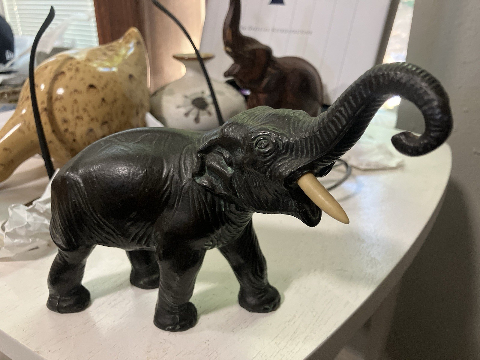 Vintage Brass Bronze Cast Iron Elephant Figurine Trunk Up Safari Animal Statue Vintage Brass Bronze Cast Iron Elephant Figurine Trunk Up Safari Animal Statue