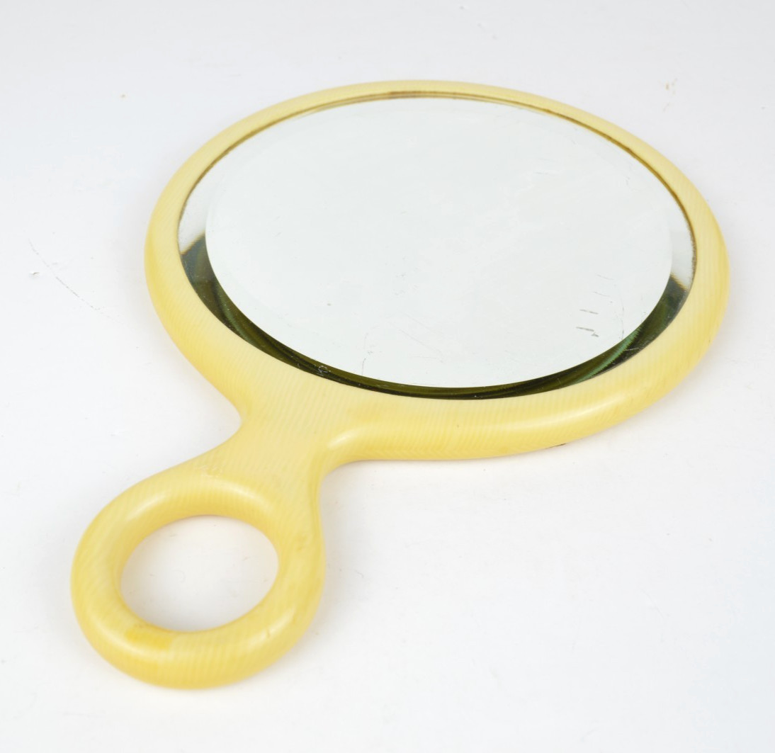 Antique Art Deco Hand Mirror French Ivory Celluloid Round England Keyhole Handle Antique Art Deco Hand Mirror French Ivory Celluloid Round England Keyhole Handle